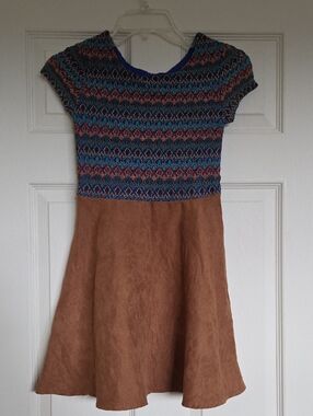 Girls Amy Byer Blue Patterned Top with Faux Suade Skirt Dress